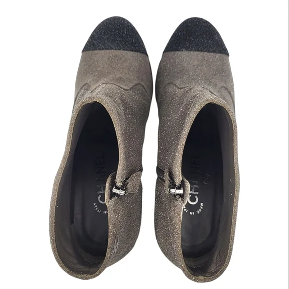 CHANEL CC Logo Cap Toe Suede Platform Ankle Boots Two Tone Booties Gray 40 - Picture 8 of 15